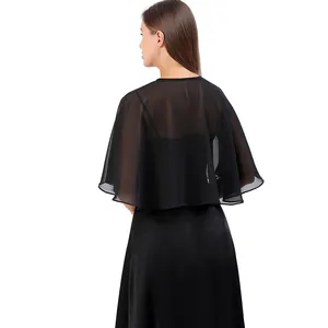 Eleganter schwarzer Chiffon-Cape-Hochzeitsschal, detaillierte Rückansicht für Abendkleider