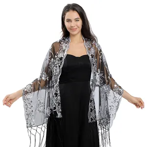 Black sheer evening shawl with silver sequin embroidery and long tassels for parties
