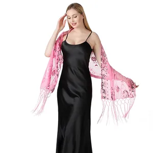 Elegant pink sequin embroidered floral lace shawl with long tassels for evening dresses