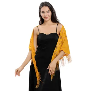 Châle triangle en dentelle florale jaune élégant avec franges pour soirées et mariages