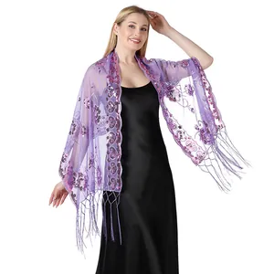 Elegant purple mesh shawl with sequin embroidery and long tassels for evening dress.