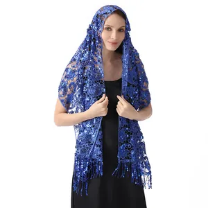 Elegant blue sequined lace shawl with paisley pattern and fringe for evening party.