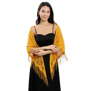 Élégant châle triangulaire en dentelle florale jaune pour mariage avec de fines franges
