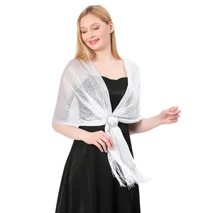 Elegante scialle metallico argento con nappe e fibbia di strass per abiti da sera