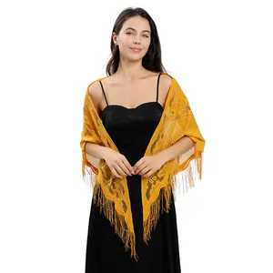 Élégant châle en dentelle jaune avec broderie florale et franges pour mariage ou soirée