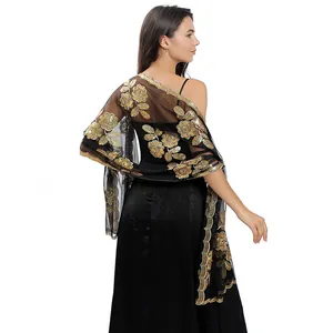 Châle élégant en maille noire avec broderie de pivoines à paillettes dorées
