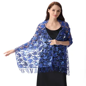 Elegant royal blue sequined paisley shawl with fringe for evening dresses and bridal wear.