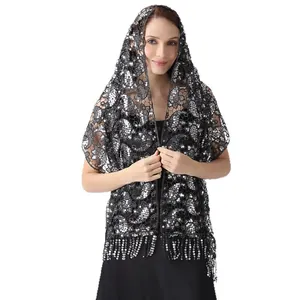 Elegant black lace sequin shawl with paisley pattern for evening dresses or weddings