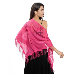 Châle triangulaire en dentelle rose fuchsia avec franges pour mariage et soirée