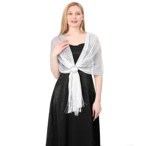 Elegant silver metallic shawl with fringe and buckle detail for evening party dresses.