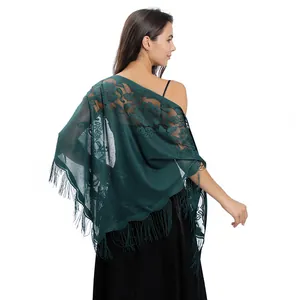 Élégant châle triangulaire en dentelle florale vert foncé avec franges pour robe de soirée