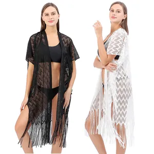 Copricostume da Spiaggia Donna Cardigan in Pizzo Aperto Davanti Top da Bagno Uncinetto Traforato Bikini Coverup Con Frange