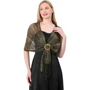 Elegant metallic gold thread shawl with buckle for evening dresses.