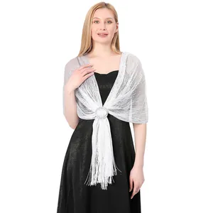 Elegant silver metallic shawl wrap with fringe and rhinestone buckle for evening dresses