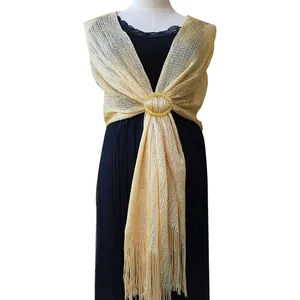 Women Metallic Lurex Shawl Wrap With Ring Buckle Tassels Sparkly Evening Party Wedding Scarf For Bridesmaid