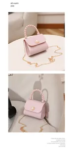 Pink mini jelly bag with gold chain and pearl clasp shown from two angles