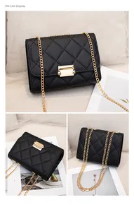 Black quilted crossbody bag with gold chain strap and rectangular lock seen from three angles