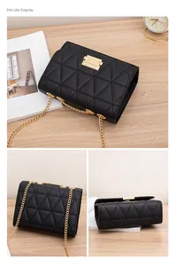 Detailed views of black quilted crossbody bag with triangle pattern and gold chain strap