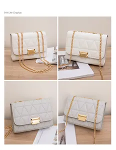 Detailed views showing triangle quilted crossbody chain bags in white and grey colors