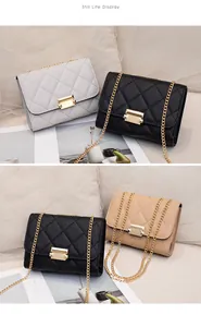 Quilted flap bags in black, white and beige with gold chain straps and metal locks