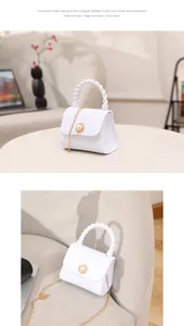 Detail views of a white mini jelly handbag with pearl buckle and gold chain strap.