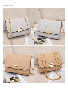 Detailed views of stylish quilted chain bags in grey and beige with elegant gold-tone lock hardware