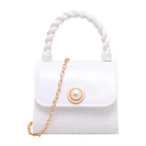 Elegant white mini jelly handbag with pearl accent and gold chain strap for stylish women