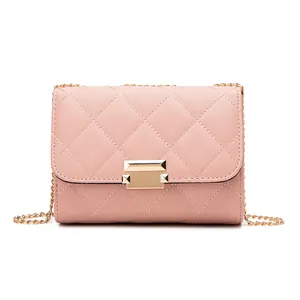 Elegant pink quilted small square handbag for women with gold chain strap and lock clasp