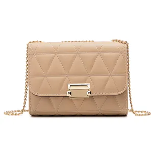 Triangular quilted chain bag with gold lock, women's crossbody small square bag.