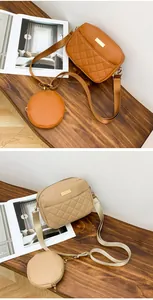 Detail view of quilted crossbody bag sets in brown and beige with round coin pouches.