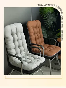 Detailed view of thick solid color one-piece chair cushions in grey and brown for office use.