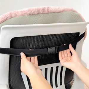 Installation detail of the adjustable buckle strap on the heated plush office chair cushion.
