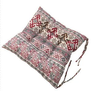Thick square bohemian linen chair cushion with corner ties for office or dining chairs