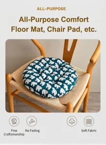 Close-up of thick round chair cushion with polar bear pattern on a wooden chair