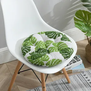 Coussin de chaise rond épais en coton et lin avec motif de feuilles de monstera vertes