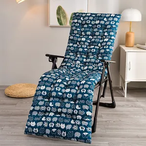 Thickened navy blue lounge chair cushion featuring cute cartoon cat patterns in a home scene