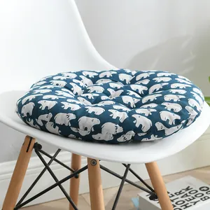 Coussin de siège rond épais en coton et lin avec motif ours polaire bleu pour chaise de bureau
