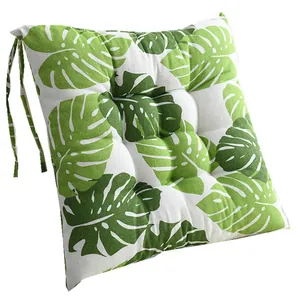 Cojín de silla de lino grueso con estampado de hojas de monstera verde y lazos de sujeción