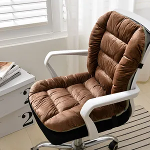 Close-up detail of a brown plush electric heated seat cushion on an office chair.