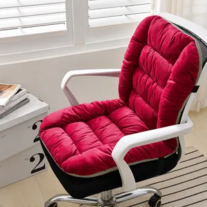 Plush red heated chair cushion with integrated backrest shown on a white office chair