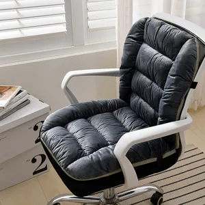 Close-up of plush gray integrated heated seat cushion on office chair
