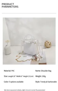 Detailed view of white transparent PVC handbag with gold chain and size parameters