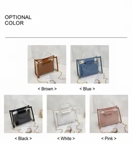 Detailed view of trendy clear PVC composite handbags available in five stylish colors.