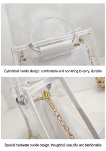 Close-up detail of clear cylindrical handle and gold chain on white transparent handbag