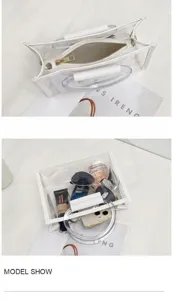 Detailed view of clear PVC tote bag with white inner pouch showing storage capacity