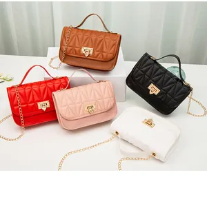 Set of five quilted PU leather crossbody bags with gold chains in multiple colors.