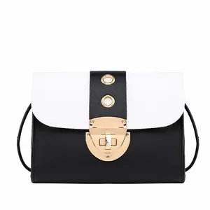 Elegant black and white contrast color small crossbody bag with gold-tone lock closure
