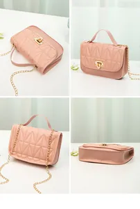 Detailed multi-angle views of a pink quilted PU leather crossbody bag with gold chain