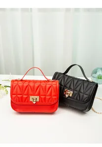 Quilted chain crossbody bag with gold lock in red and black PU leather.