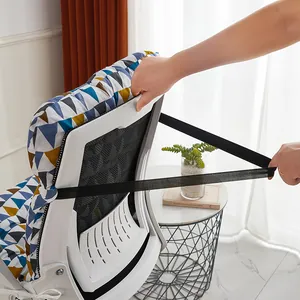 Detailed view of the colorful geometric conjoined chair cushion being secured with a strap.